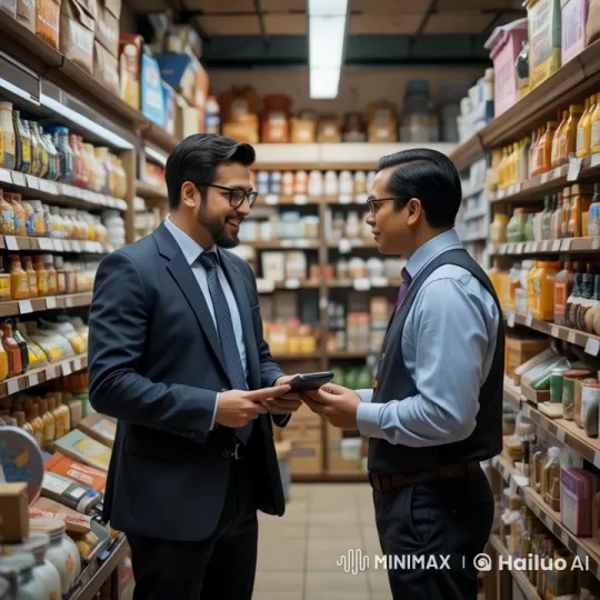 Animated Businessmen Chatting in Grocery Store – AI Generated Video | Hailuo AI