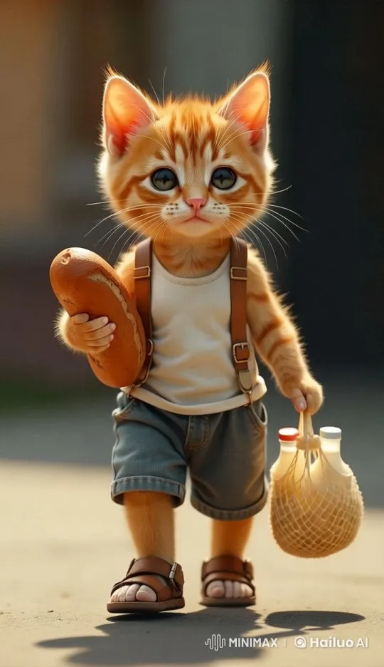 Cute Kitten Walks on Sunny Road with Bread and Drinks – AI Generated Video | Hailuo AI