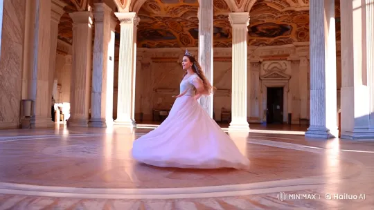 Transformation of an Ordinary Woman into a Princess in a Sunlit Ballroom – AI Generated Video | Hailuo AI