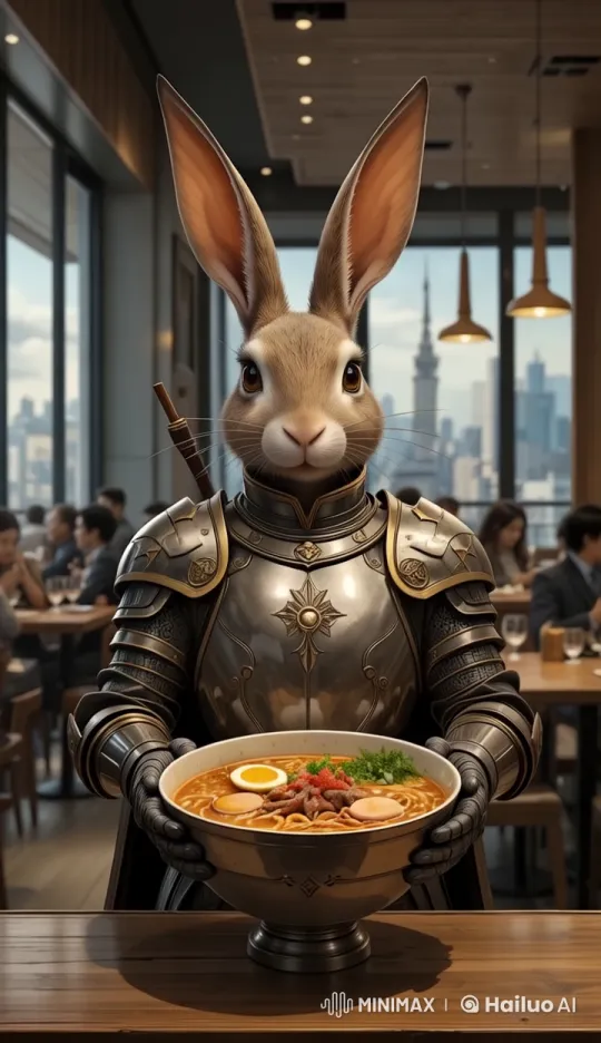 Armored Rabbit Serves Ramen in Medieval-Themed Restaurant – AI Generated Video | Hailuo AI