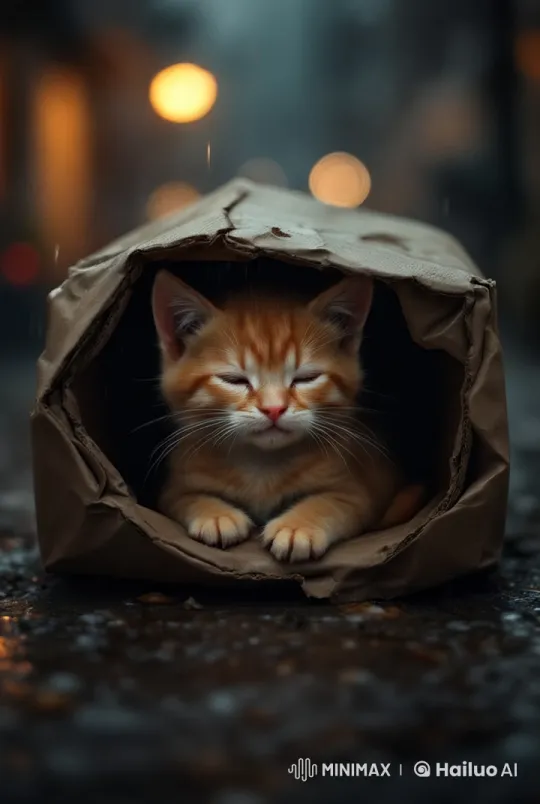 Lonely Night: Exhausted Kitten Sleeps in Cardboard Box – AI Generated Video | Hailuo AI