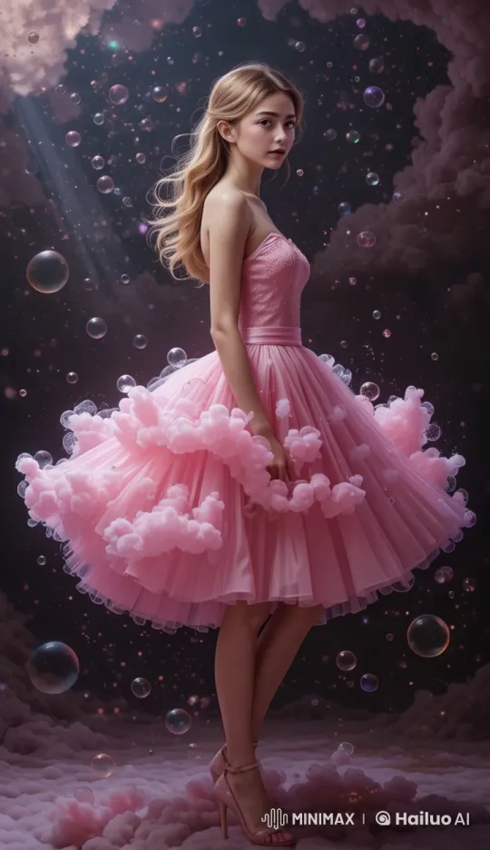 Enchanted Girl in Fluffy Dress Amidst Floating Bubbles – AI Generated Video | Hailuo AI