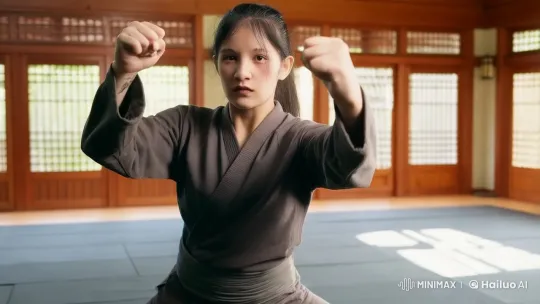 Young Woman Demonstrates Martial Arts Expertise in Dojo – AI Generated Video | Hailuo AI