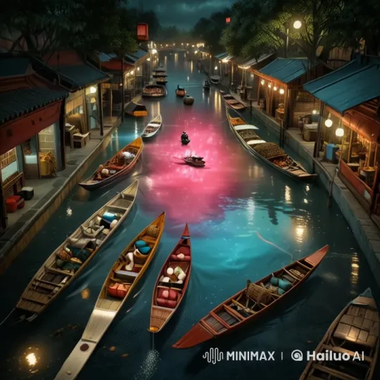 Charming Night Scene with Swaying Boats and Reflective Lights – AI Generated Video | Hailuo AI