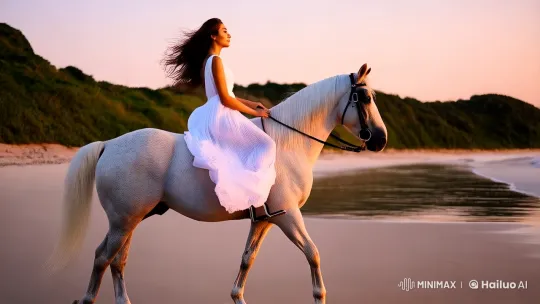 Serene Equestrian on Golden Shore at Twilight – AI Generated Video | Hailuo AI
