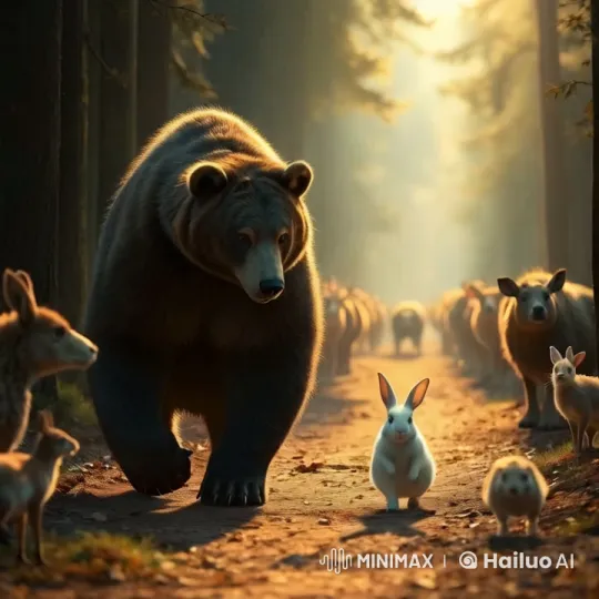 Bear and Rabbit Lead Peaceful Forest Parade – AI Generated Video | Hailuo AI