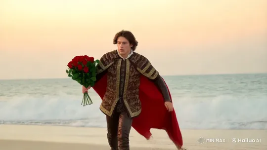 Nobleman Rushes Along Beach at Dawn with Roses – AI Generated Video | Hailuo AI