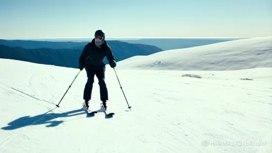 Skier Startled by Explosion on Snowy Mountain Slope – AI Generated Video | Hailuo AI