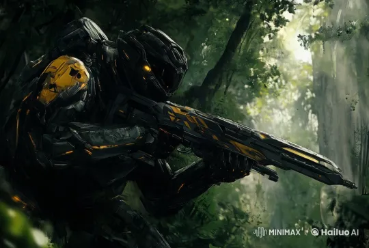 Futuristic Soldier on Alert in Dense Forest Setting – AI Generated Video | Hailuo AI