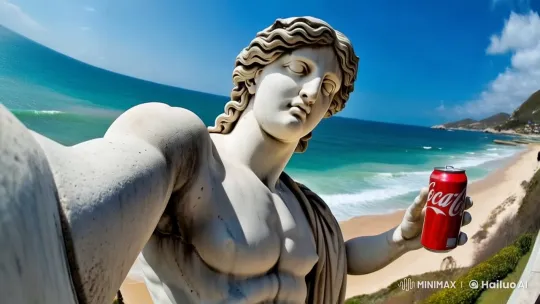 Stone Statue Vlogs on a Beach with Coca-Cola – AI Generated Video | Hailuo AI