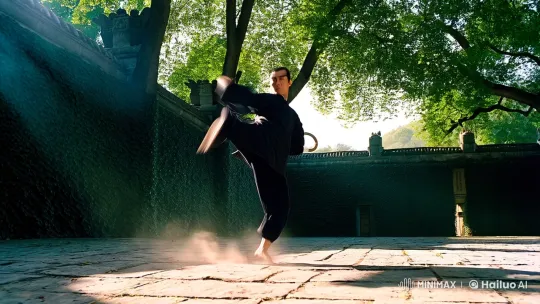 Master of Kung Fu Practices in Ancient, Ivy-Covered Courtyard – AI Generated Video | Hailuo AI