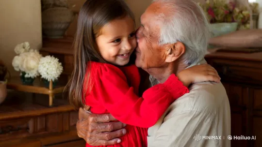 Elderly Man and Young Girl Embrace in Cozy Setting – AI Generated Video | Hailuo AI