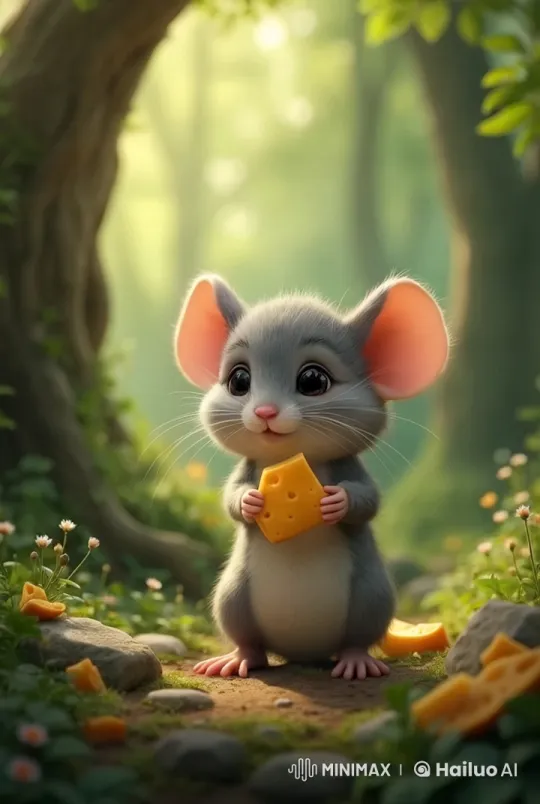 Content Mouse Enjoying Cheese in Enchanted Forest – AI Generated Video | Hailuo AI