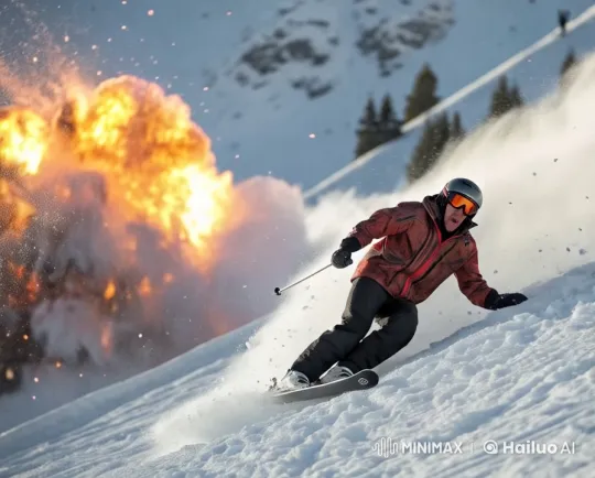 Skier Navigates Slope Amid Distant Explosion in Live2D – AI Generated Video | Hailuo AI