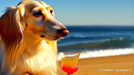 Dachshund Sips Cocktail on Serene Beach – AI Generated Video | Hailuo AI