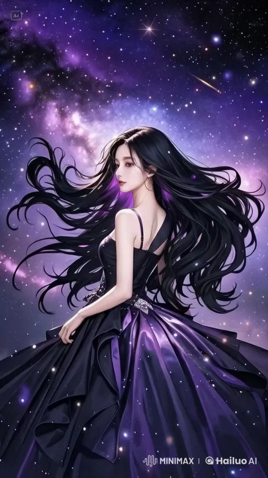 Woman in Starry Sky with Twinkling Dress and Swaying Hair – AI Generated Video | Hailuo AI