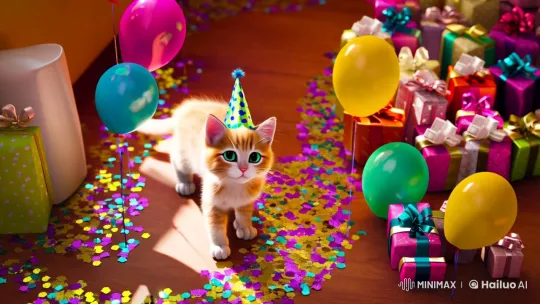 Kitten Celebrates in Colorful Birthday Setting – AI Generated Video | Hailuo AI