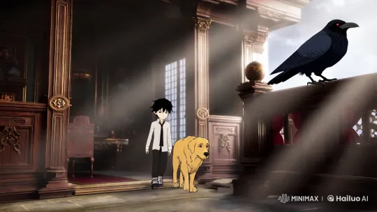 Boy and Loyal Dog Enter Enigmatic, Dimly-Lit Mansion – AI Generated Video | Hailuo AI