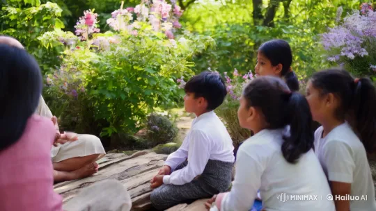 Siro and Children in Serene Garden Setting – AI Generated Video | Hailuo AI