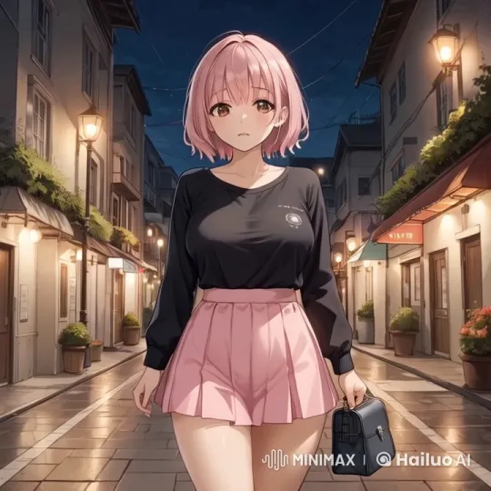 Girl with Pink Hair Strolls Through Charming Evening Street – AI Generated Video | Hailuo AI