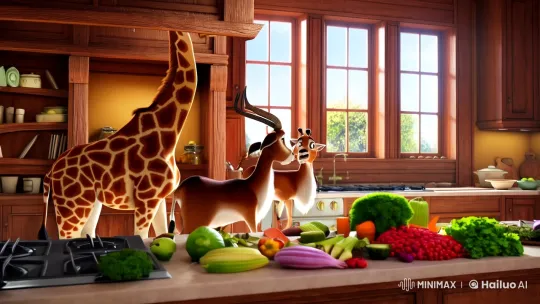 Surreal Kitchen Scene: Giraffe and Antelope Cook Together – AI Generated Video | Hailuo AI