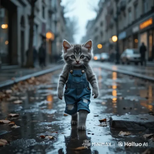 Lonely Kitten Walks Through Dreary Cityscape – AI Generated Video | Hailuo AI