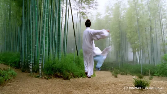 Aesthetic Kungfu Master's Graceful Leap in Bamboo Forest – AI Generated Video | Hailuo AI