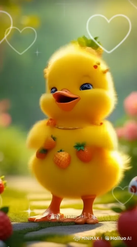 Animated Strawberry-Decorated Chick Plays Drums in a Sunlit Scene – AI Generated Video | Hailuo AI