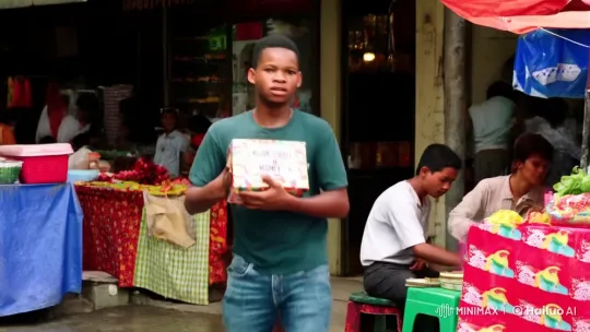 Young Man's Urgent Journey in Bustling Marketplace – AI Generated Video | Hailuo AI