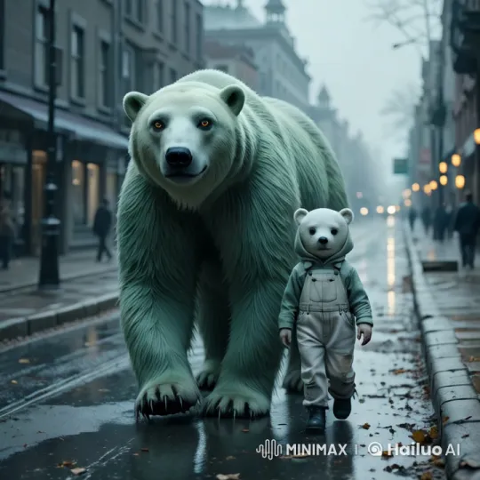 Polar Bear and Miniature Human Walk in Melancholic Cityscape – AI Generated Video | Hailuo AI