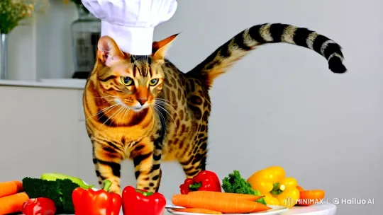 Bengal Cat Chef: Culinary Artistry in Nature-Inspired Elegance – AI Generated Video | Hailuo AI