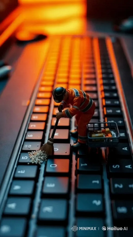 Miniature Worker Cleans Keyboard with Care – AI Generated Video | Hailuo AI