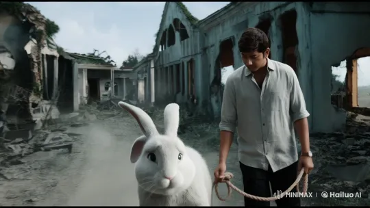 Man with Giant Rabbit Walks Through Desolate Town – AI Generated Video | Hailuo AI