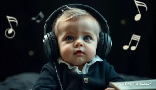 Child Enjoying Music with Book Amidst Floating Notes – AI Generated Video | Hailuo AI