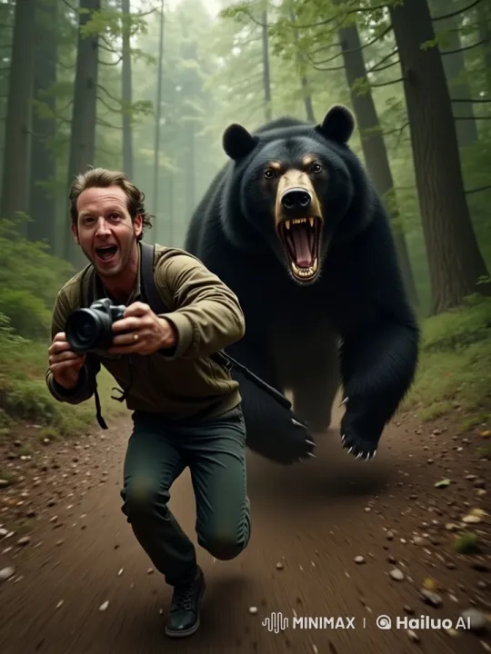 Man Fleeing Bear in Dense Forest Setting – AI Generated Video | Hailuo AI