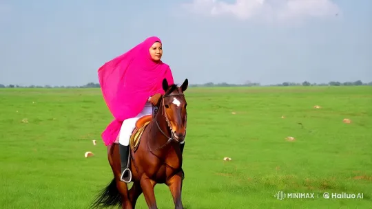 Woman on Horseback: Serene Ride Across Green Grassland – AI Generated Video | Hailuo AI