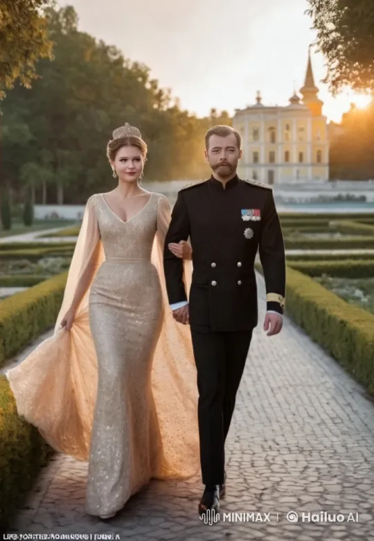 Royal Couple Strolls Through Enchanted Garden at Sunset – AI Generated Video | Hailuo AI