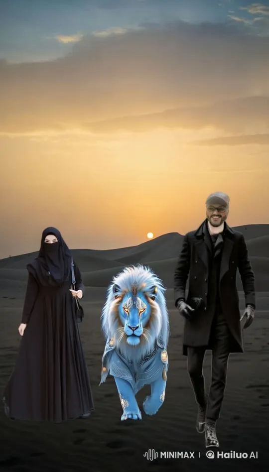 Majestic Blue Lion Protects Couple in Desert Sunset – AI Generated Video | Hailuo AI