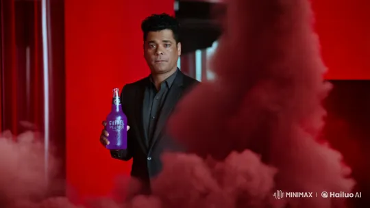 Confident Man Showcases Gabriel Pilsen in Stylish Red Setting – AI Generated Video | Hailuo AI