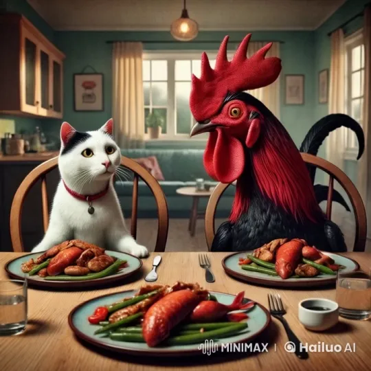Cozy Dining Room: Cat and Rooster Enjoy Their Meal – AI Generated Video | Hailuo AI