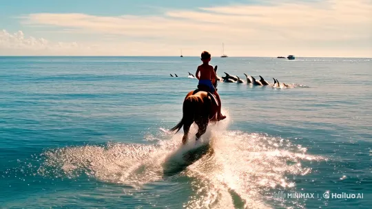 Child, Horse, and Dolphins Dance on the Ocean – AI Generated Video | Hailuo AI