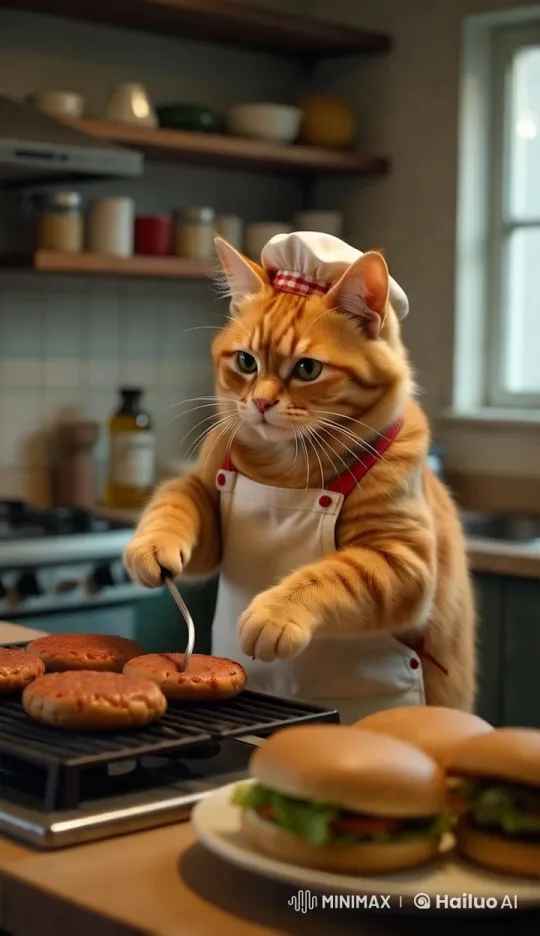 Cat Chef Cooks Burgers in Animated Diner Kitchen – AI Generated Video | Hailuo AI