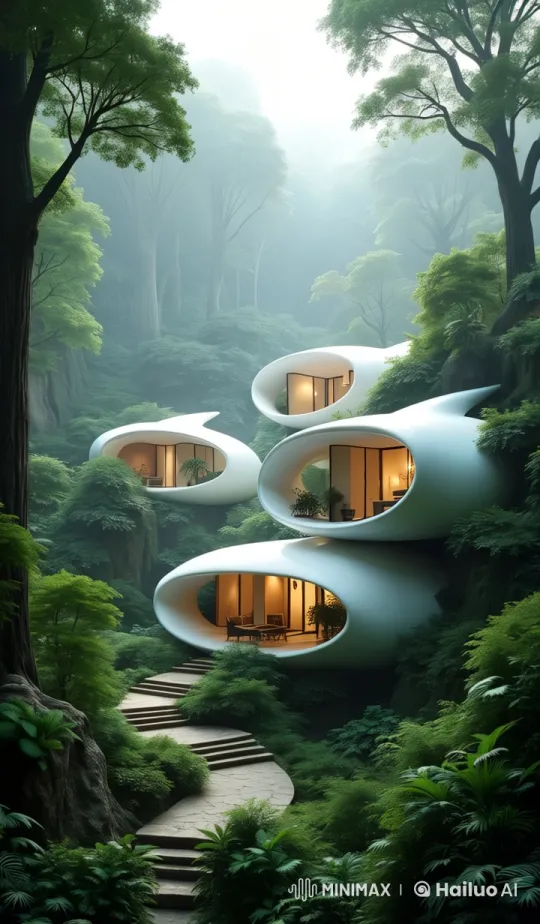 Futuristic Egg-Shaped Dwellings in Misty Jungle Setting – AI Generated Video | Hailuo AI