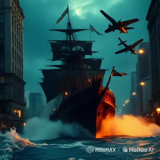 Dystopian City: Ship Battles Aircraft Amidst Flooded Streets – AI Generated Video | Hailuo AI
