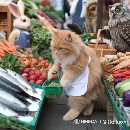 Fluffy Cat Shopping at Animated Farmer's Market – AI Generated Video | Hailuo AI