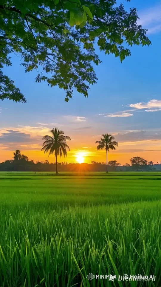 Tranquil Sunset Over a Serene Rice Paddy Landscape – AI Generated Video | Hailuo AI