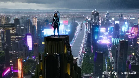 Futuristic Warrior's Leap of Destiny in Neon Cityscape – AI Generated Video | Hailuo AI