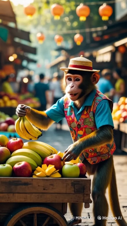Vibrant Market: Animated Monkey Vendor – AI Generated Video | Hailuo AI