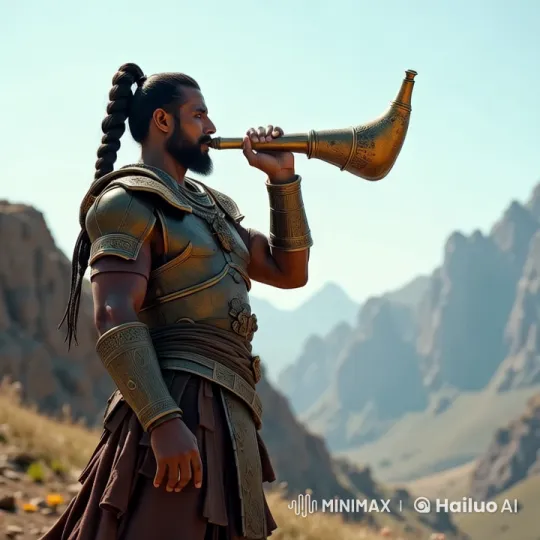 Warrior Sounds Horn in Majestic Mountain Setting – AI Generated Video | Hailuo AI