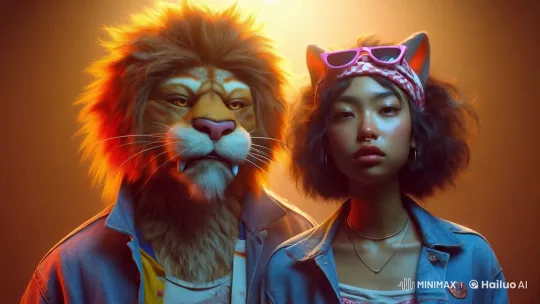 Two Individuals in Lion and Cat Costumes Pose Together – AI Generated Video | Hailuo AI